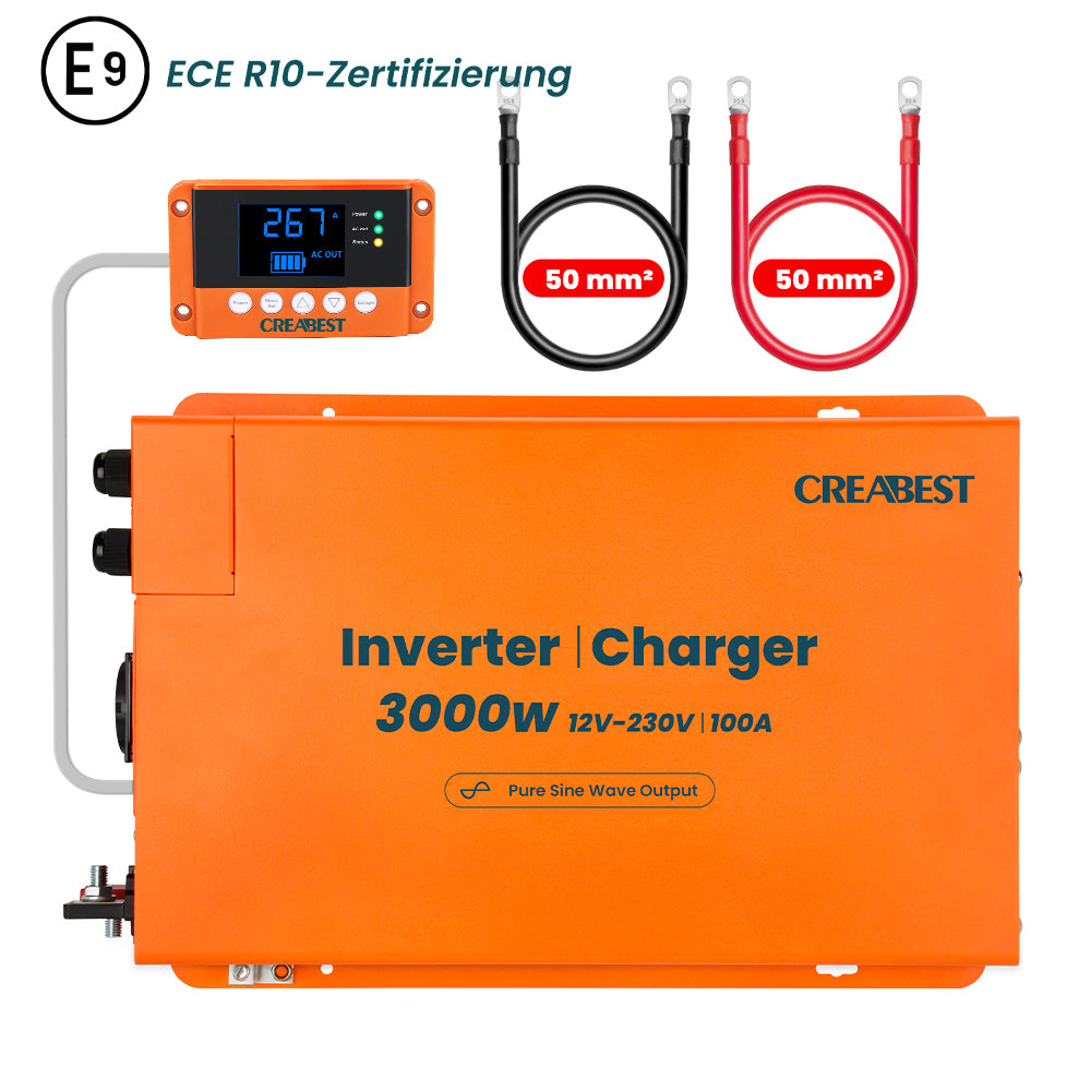 Inversor CREABEST de 3000 W, de 12 V a 230 V, onda sinusoidal pura para autocaravanas, autónomo, con disyuntor diferencial, cargador de 100 A, NVS, SAI, R10, cable inversor de 50 mm². 